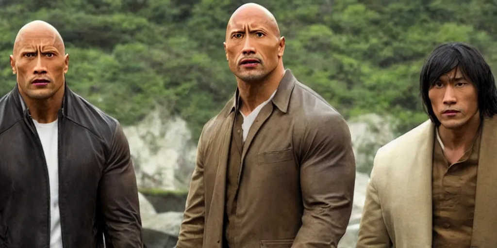 Image similar to dwayne johnson as dazai osamu, movie still