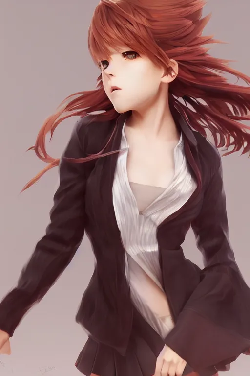 Image similar to Very complcated dynamic composition, realistic anime style at Pixiv, Zbrush sculpt colored, Octane render in Maya and Houdini VFX, young redhead girl in motion, wearing jacket and skirt, silky hair, black stunning deep eyes. By ilya kuvshinov, krenz cushart, Greg Rutkowski, trending on artstation. Amazing textured brush strokes. Cinematic dramatic soft volumetric studio lighting