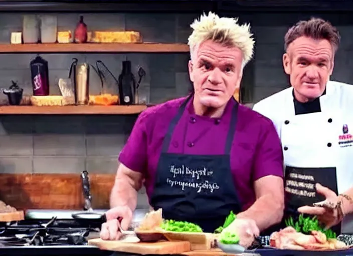 Image similar to Joseph joestar on a cooking show with gordon ramsey