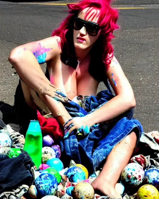 Image similar to Candid photo of homeless Katy Perry in tattered rags sitting in a pile of discarded marbles