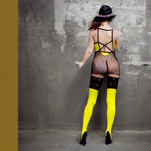 Prompt: attractive girl wearing a mesh costume of pikachu and fishnet stockings, by Annie Liebovitz, photography