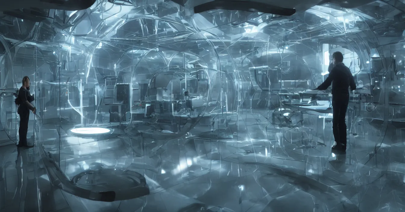 Prompt: realistic image from scifi movie with desperate scientist being sucked into refractive tesseract, in futuristic laboratory room, lighnings with difractions, reflections, volumetric fog light, dark atmosphere, dramatic cinematic composition, depth, defocus, rendered in vray, raytracing, raymarching, by ilm, digital domain, weta digital