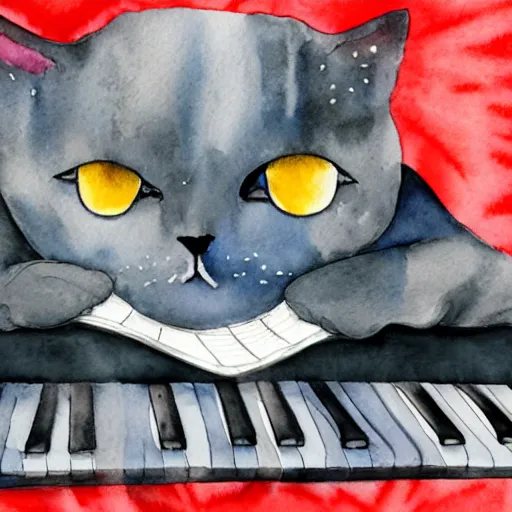 Prompt: grey british shorthair cat sitting playing piano keyboard with abstract musical note background detailed watercolor painting 4 k