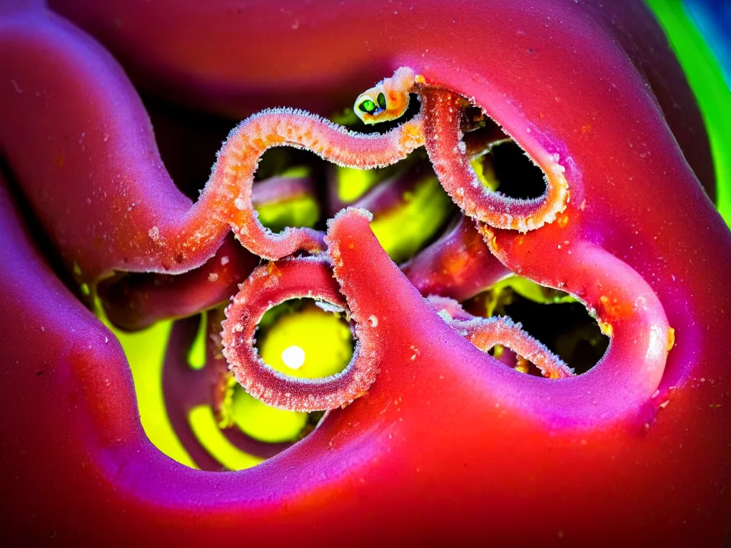 Image similar to a perfect portrait of a cross section of a squid with tiny humans burrowing wormlike through its juicy interior. macro extreme, eye popping wet colours.