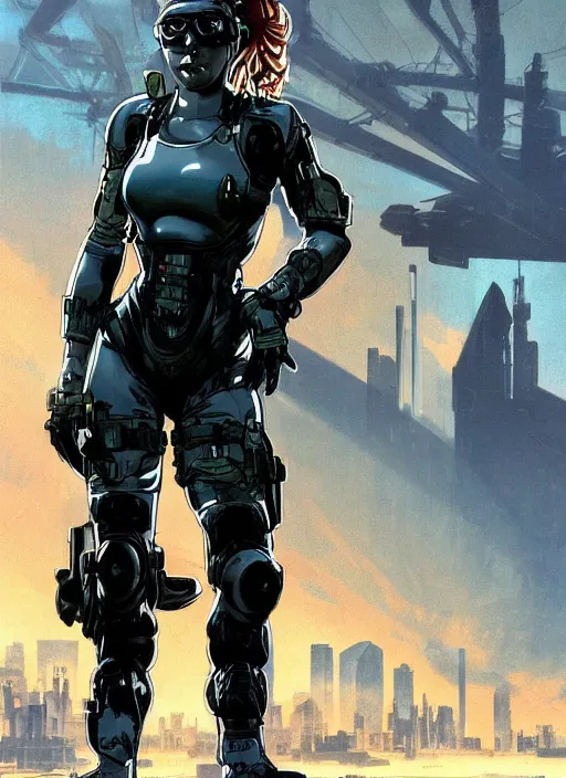 Image similar to Dinah. USN special forces futuristic recon operator, cyberpunk military hazmat exo-suit, on patrol in the Australian autonomous zone, deserted city skyline. 2087. Concept art by James Gurney and Alphonso Mucha. (Metal Gear Solid 6, rb6s)