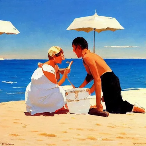 Image similar to a couple and a baby on a beach in sardinia, white sand, blue sky, summer, painting by jack vettriano