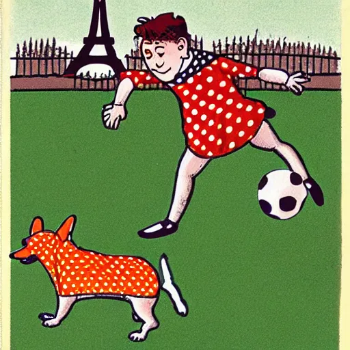 Image similar to illustration of french boy on the streets of paris playing football against a corgi, the dog is wearing a polka dot scarf, comic, 1 9 7 2