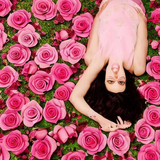 Prompt: fine art photo of the beauty gal gadot, she is on the floor and merging from pink roses, taken by oleg oprisco