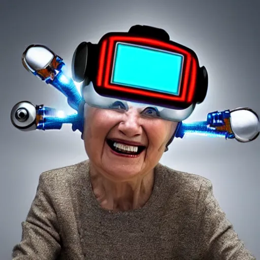 Prompt: grandmother as cyber robot laughing at jokes about country, hyper realistic, full details