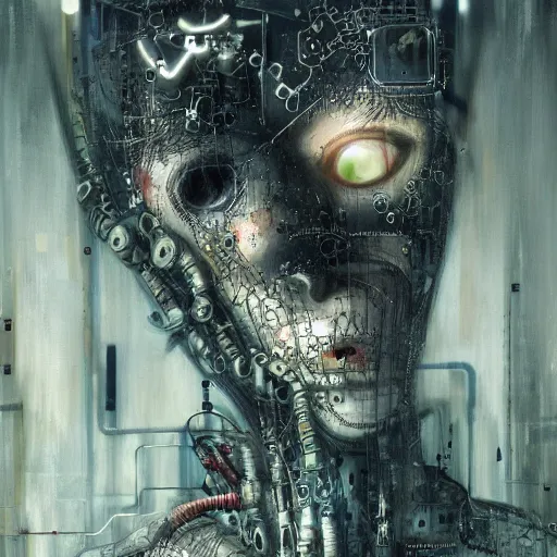 Image similar to depraved cybernetic vampire trapped in circuitry, intricate detail, miro, royo, whealan,