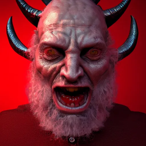 Image similar to A portrait of a Rabbi that is the devil with horns looking at the camera in anger, satan, red skin, dark, ominous, haunting, sinister, close-up, studio lighting, realism, 8k, 3D render, octane 3D, maya, cinema 4D, Blender, red lighting, scary, horror, dark,