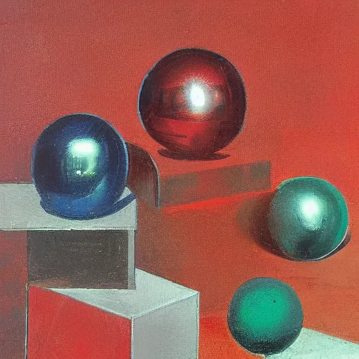 Prompt: chrome spheres on a red cube by meindert hobbema