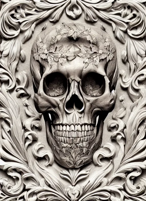 Image similar to hyper realistic photography of intricate baroque skull ornament relief leaves, cinematic, symmetric detailed, artstation, cgsociety