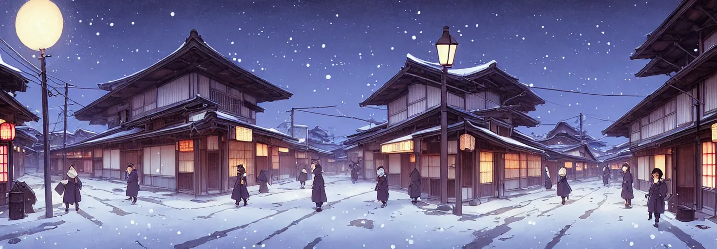 Image similar to empty rural japanese town at night, winter, in the style of studio ghibli, j. c. leyendecker, greg rutkowski, artem