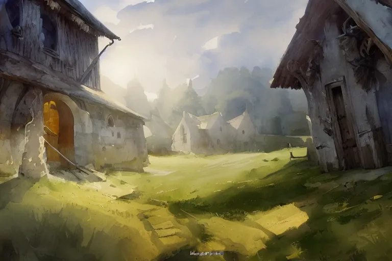 Prompt: paint brush strokes, abstract watercolor painting of rustic village fortress, oak trees, closeup, medieval straw roof, scandinavian viking age, fog, ambient lighting, art by hans dahl, by jesper ejsing, art by anders zorn, wonderful masterpiece by greg rutkowski, cinematic light, american romanticism by greg manchess, creation by tyler edlin