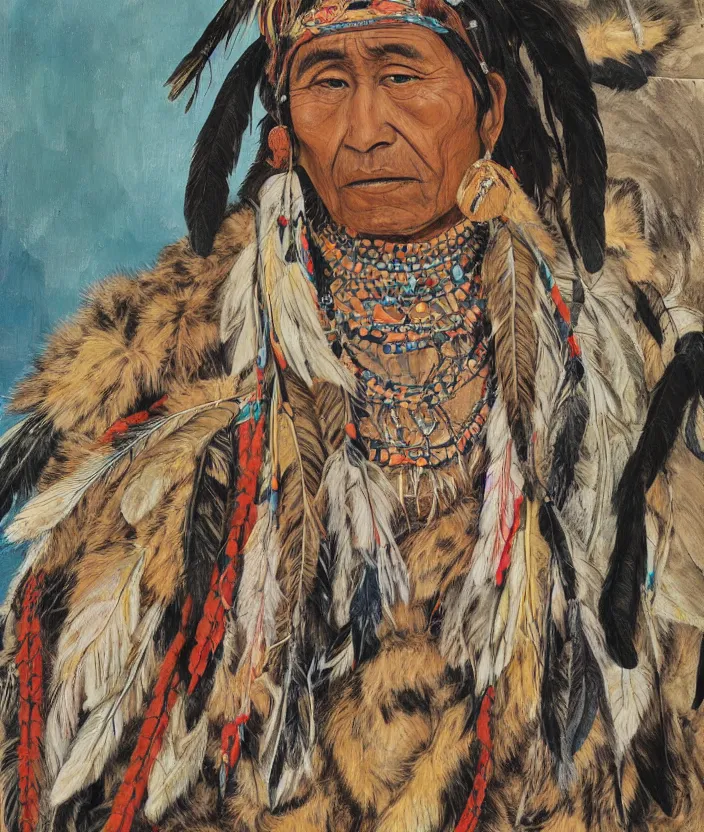 Image similar to full body shot picture of indigenous people young slim fit woman leader in canyon, painted by lucian freud, beautiful feathers, hd, super detailed, realistic