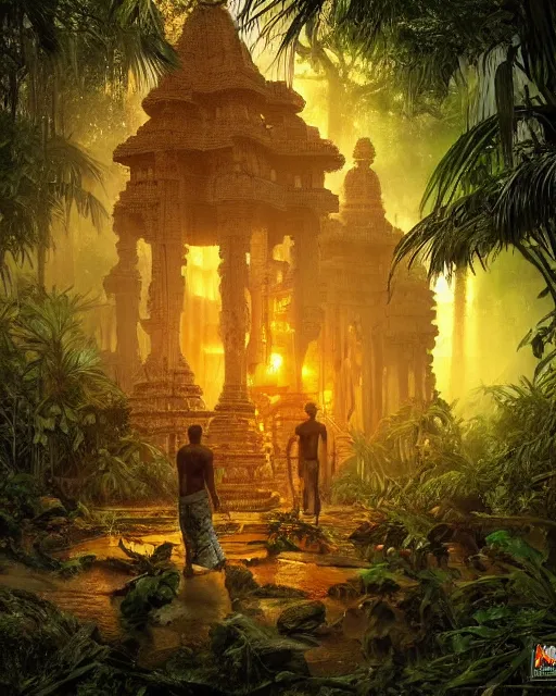 Prompt: 8 k concept art from a hindu temple lost in the jungle at dusk by david mattingly and samuel araya and michael whelan and dave mckean and richard corben. volumetric lighting. composition and layout inspired by gregory crewdson