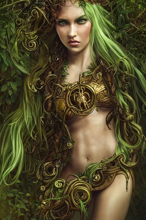 Prompt: a beautiful young woman, Vraska golgari queen, long flowing medusa hair, mostly green and brown leather pirate armor, young female face, vine like plants and jungle background, cinematic top lighting, insanely detailed and intricate, face by wlop, Charlie Bowater, golden ratio, symmetric, elegant, ornate, luxury, elite, matte painting, MTG, magic the gatheing, cinematic, cgsociety, 8k, high resolution