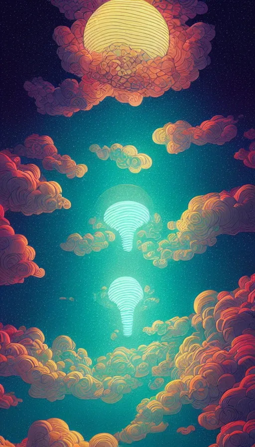 Prompt: little luminous jellyfishes floating on cosmic cloudscape at sunset, futurism, dan mumford, victo ngai, kilian eng, da vinci, josan gonzalez