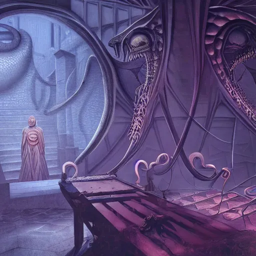 Prompt: lovecraft demons in cybernetic dreams of a young girl, escher, award winning, 8 k photorealistic, cinematic, highly detailed