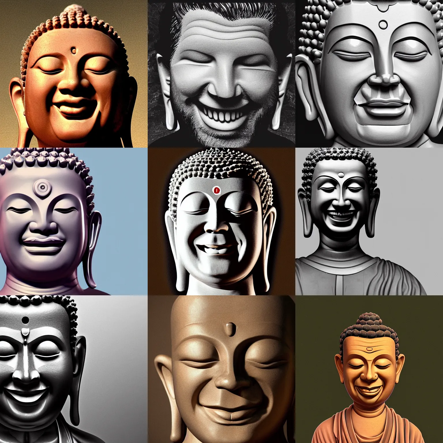 Prompt: smiling Aphex twin with his head on the body of meditating Buddha, trending on artstation,