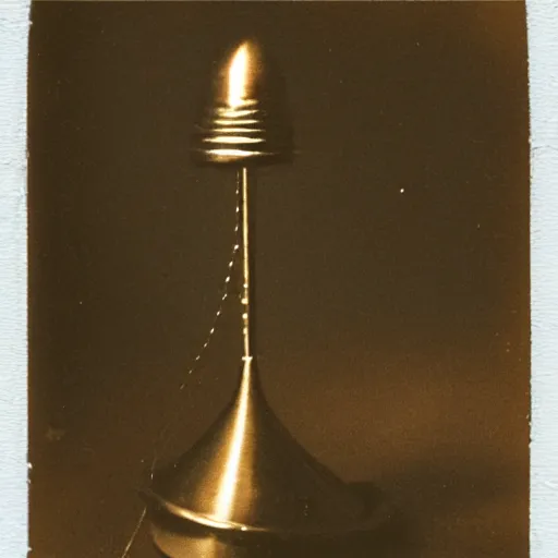 Image similar to old polaroid depicting a small intricate metallic alien probe, hovering at a clearing