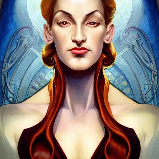 Image similar to a streamline moderne, art nouveau, multi - ethnic and multi - racial portrait in the style of charlie bowater, and in the style of donato giancola, and in the style of charles dulac. very large, clear, expressive, intelligent eyes. symmetrical, centered, ultrasharp focus, dramatic lighting, photorealistic digital painting, intricate ultra detailed background.