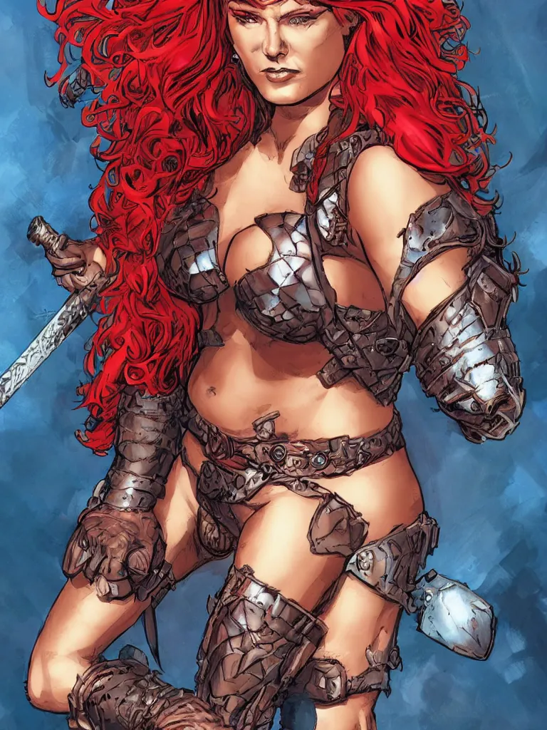 Prompt: a photo of a comic book cover color illustration, portrait of Red Sonja art by Ross Tran