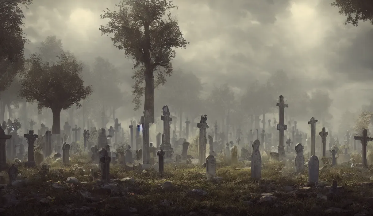 Image similar to a beautiful painting of a graveyard, cinematic angle, studio lighting, movie concept, trending on artstation, octane render, 8 k, ultra high detail