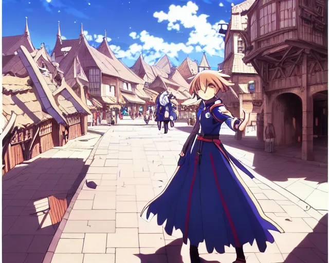 Image similar to anime visual, portrait of a young female walking through a busy medieval village, face by yoh yoshinari, murata range, last exile, blue submarine no 6, dynamic pose, muted colors, dynamic perspective, detailed silhouette, cel shaded anime