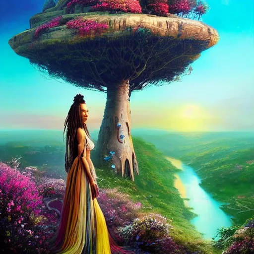 Image similar to a very regal kate beckinsale with colorful dreadlocks and lots of jewlery sitting on a cliff overlooking a field of colorful flowers with a giant glowing baobab tree in the middle, it is sunset, by greg rutkowski and android jones and Alena Aenami in a surreal cyberpunk! style, oil on canvas, highly detailed face, 8k hd,