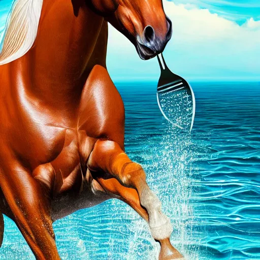 Image similar to horse swimming in the ocean with fork and knife, photorealistic, high detail