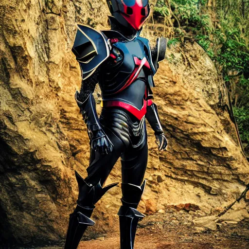 Prompt: High Fantasy Kamen Rider, single character full body, 4k, glowing eyes in helmet, rock quarry location, daytime, black rubber suit, pvc armor, dark blue with red secondary color dragon inspired segmented armor, ultra realistic, vibrant colors, Steve Yedlin Cinematography