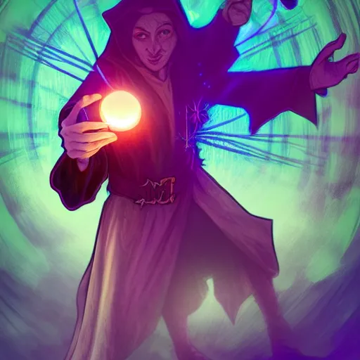 Image similar to a warlock is casting a magic spell while with magic orb floating in his hand , dynamic pose, chromatic aberration , medium level shot, Mucha style , Grim fantasy, illustration ,concept art,