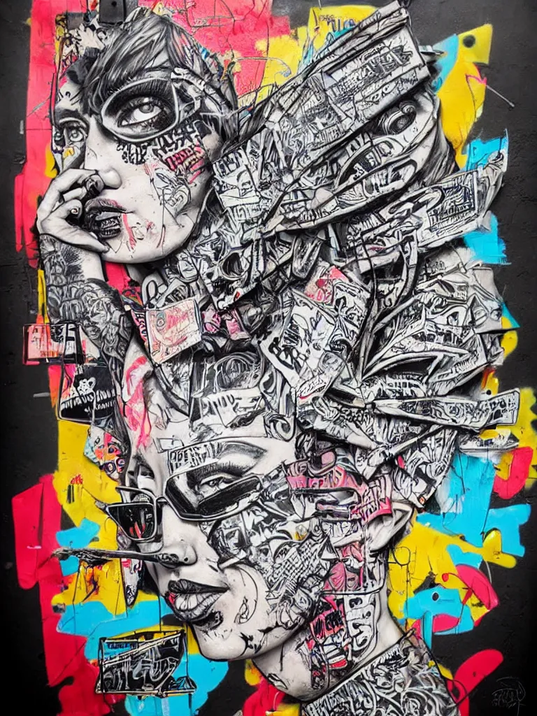 Image similar to a multilayered mixed media street art on paper bursting with nostalgic pop culture references, punk and graffiti symbols and tattoo designs, sharp details and in focus, high resolution, flat evenly lit background, art by stikki peaches