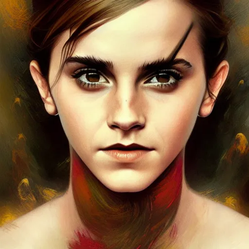 Image similar to Very funny Emma Watson looking like a monkey, colorful painting on grey scale face, powerful , magic, thunders, dramatic lighting, intricate, wild, highly detailed, digital painting, artstation, concept art, smooth, sharp focus, illustration, art by artgerm and greg rutkowski and alphonse mucha, footage