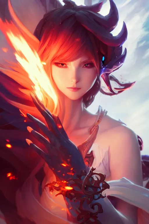 Prompt: beautiful sorcerer with fire and thunder magic, attarctive pretty face, anime key visual, highly detailed, sharp focus, concept art, league of legends, style by shumolly and monable and artgerm and greg rutkowski and jo chen and pilyeon and ruan jia