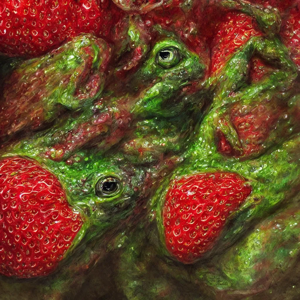 Prompt: hyperrealistic mixed media painting of a strawberry frog chimera, dim volumetric lighting, 8 k octane beautifully detailed render, post - processing, portrait, extremely hyper - detailed, intricate, epic composition, cinematic lighting, masterpiece, trending on artstation, very very detailed, masterpiece, stunning