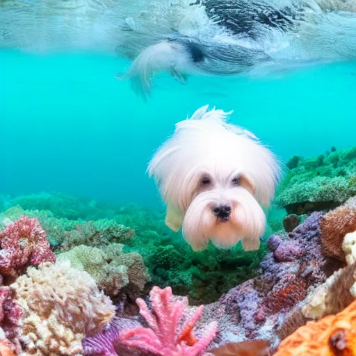 Image similar to a cream-colored havanese snorkeling in a tropical reef, gopro photo, 4k