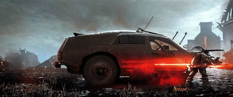 Image similar to Armored and Armed Military Audi 80 B3 Avant (1988) with a mounted M249 with soldiers on, Dark Souls 3, Eldritch Horrors, Wretched and Corrupted Knights, Heavy Battle, Fight, Car vs Knight, gunshots fired, a grim fantasy, Anor Londo, dramatic lighting, cinematic, establishing shot, extremely high detail, photorealistic, cinematic lighting, artstation, by simon stalenhag