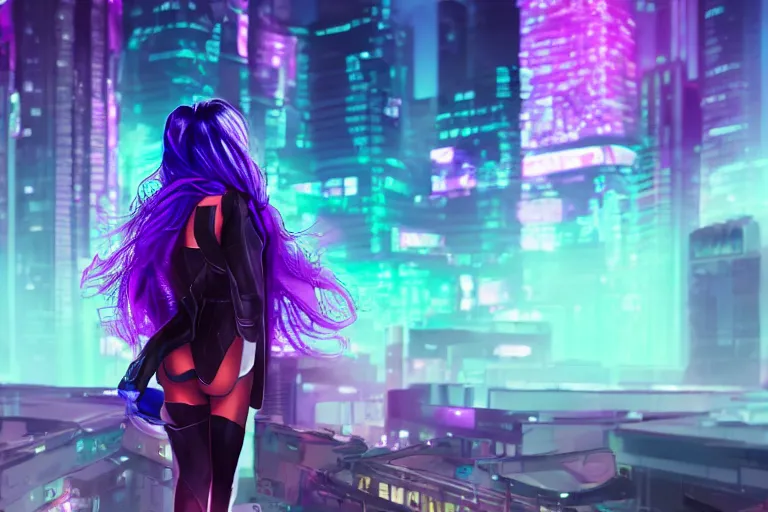 Prompt: a superhero girl with purple hair in a cyberpunk city, digital painting, long shot, blue hour lighting, Vaporware style, romantic, dynamic, bright, joyful, Award Winning, Unreal Engine, Trending on ArtStation, 4k