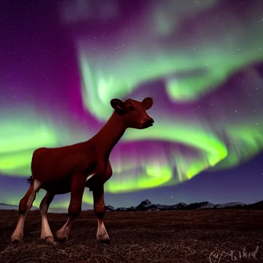 Image similar to a calf born in winter, cozy, stars in the sky, aurora borealis