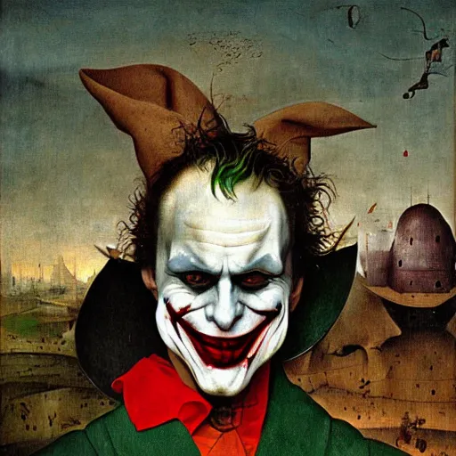 Image similar to portrait of the joker, drama, chaos matte painting by hieronymus bosch and zidislaw beksinsky