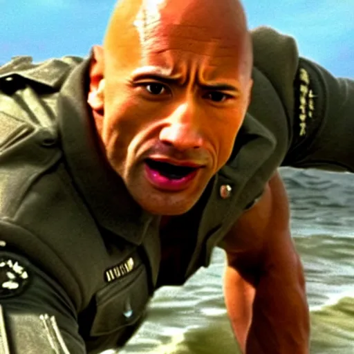 Image similar to A closeup of Dwayne The Rock Johnson storming the beaches of Normandy, Saving Private ryan