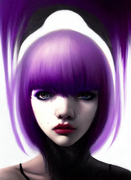 Image similar to portrait of teenage girl with white bangs, red irises, bangs, black and white hair, purple clothes, white bangs, two color hair, black hair and white bangs, intricate, elegant, glowing lights, highly detailed, digital painting, artstation, concept art, smooth, sharp focus, illustration, art by wlop, mars ravelo and greg rutkowski