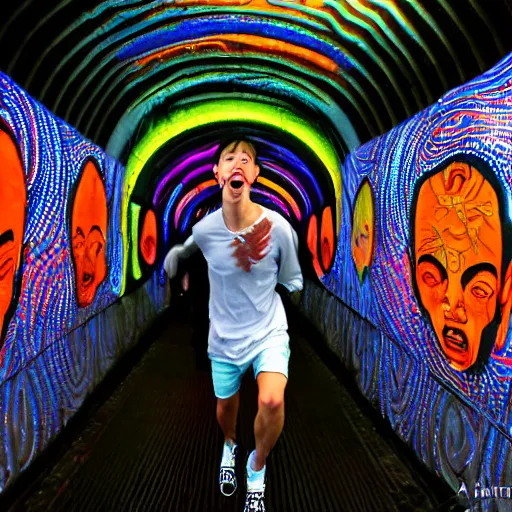 Image similar to terrified young man in a straightjacket running toward you in the Bund Sightseeing Tunnel, Shanghai, China by Alex Grey and Jeffrey Smith