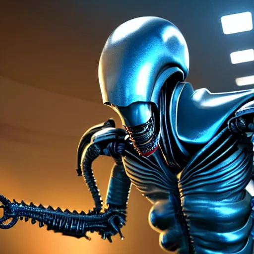 Image similar to futuristic xenomorph alien robot, highly detailed, photorealistic shot, bright studio setting, studio lighting, crisp quality and light reflections, unreal engine 5 quality render