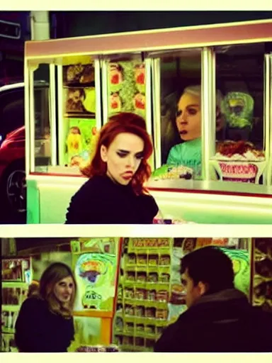 Prompt: “ scarlett johansson is buying ice - cream at the ice - cream booth in the street, movie screenshot, cinematic, epic, dramatic ”