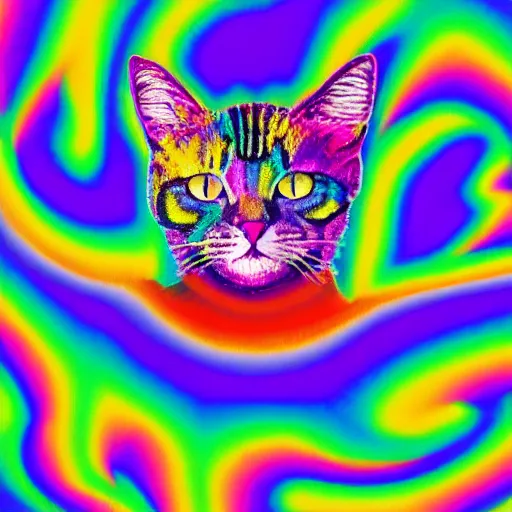 Prompt: psychedelic Lisa frank psychic cat overtaking the world which begins to shatter all around it as it opens its third eye for the first time chromatic aberration in the rising pieces of the crumbling earth