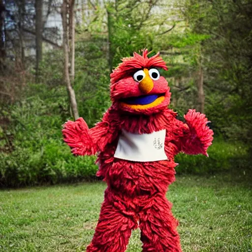 Image similar to a brown fluffy elmo muppet with big soft rabbit ears in a karate uniform out in nature, photography, photorealistic, muppet, national geohraphic, sesame street, puppet muppets